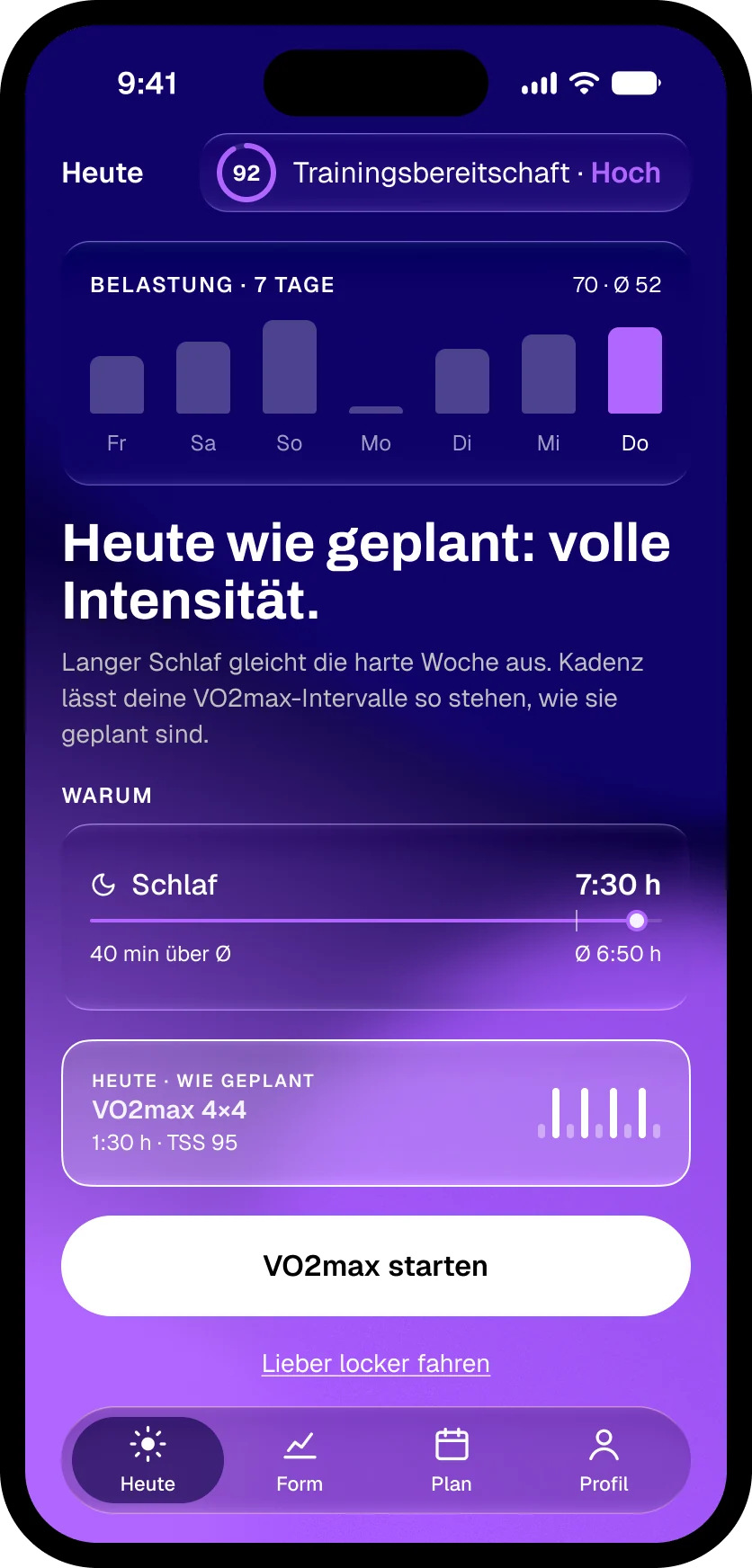 Kadenz, Heute-Screen bei hoher Trainingsbereitschaft in Lila: Heute wie geplant, volle Intensität
