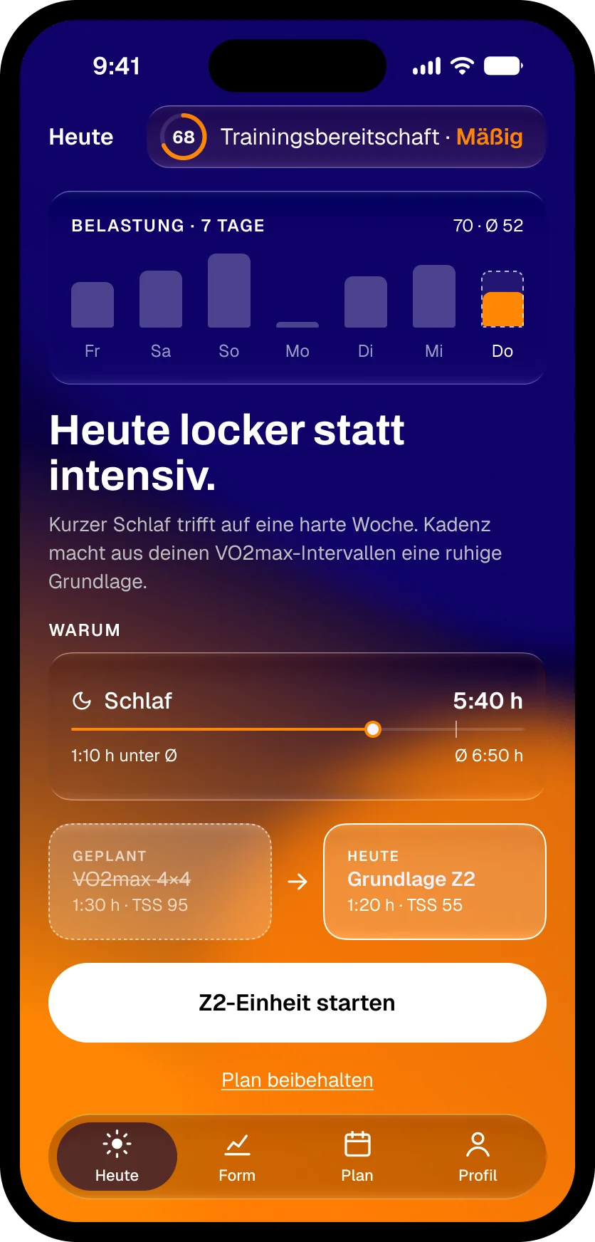 Kadenz, Heute-Screen bei mäßiger Trainingsbereitschaft in Orange: Heute locker statt intensiv