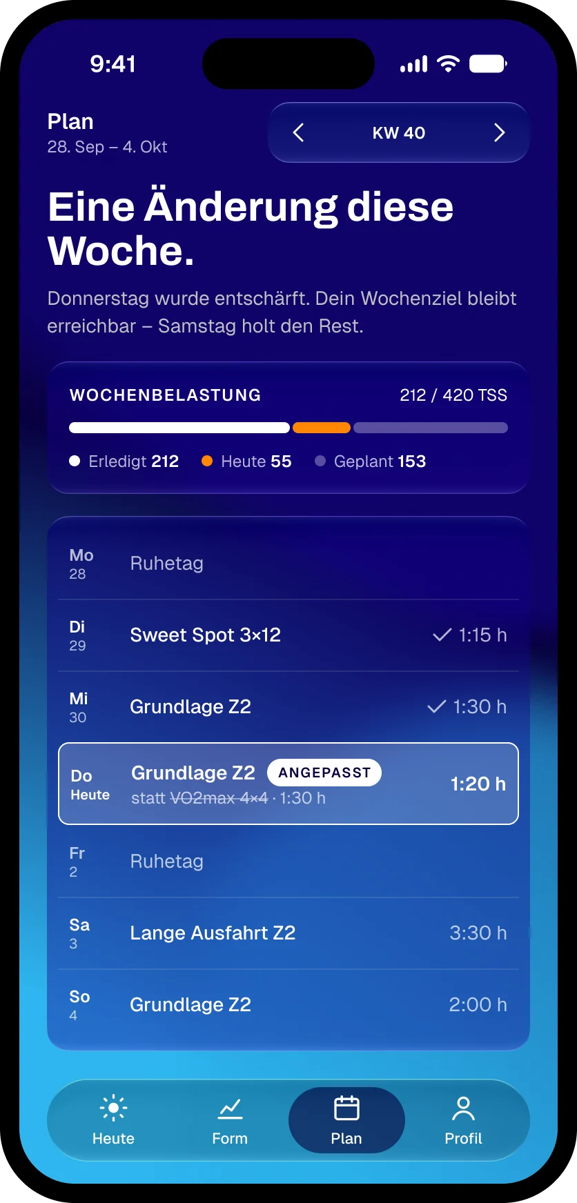 Kadenz, Plan-Screen: Wochenplan mit einer angepassten Einheit am Donnerstag